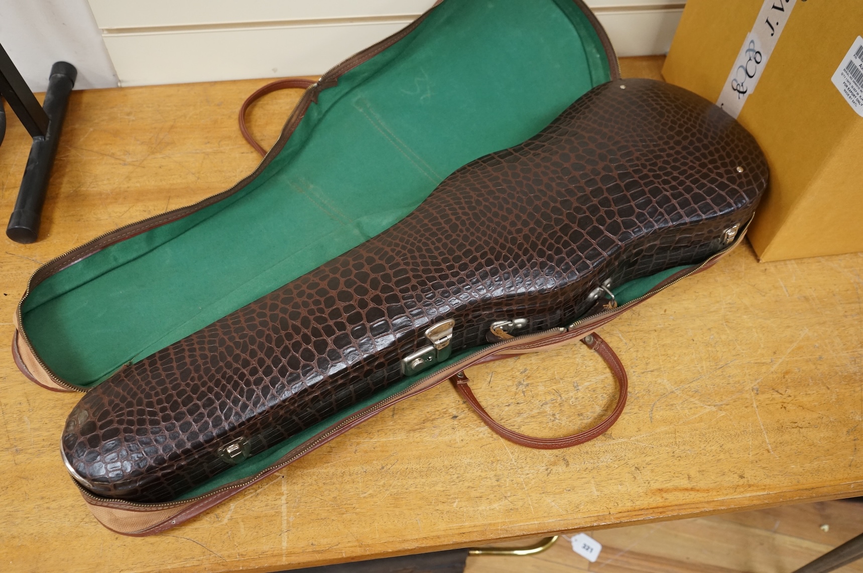 A cased late 19th century violin, Stradivarius copy, with two bows, one fully mounted and signed Roger Lotte, CITES Submission reference, RSF8HBLC